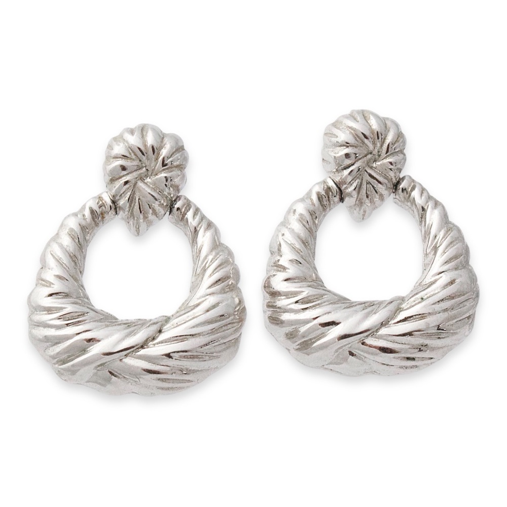 Vintage Vendome Doorknocker Earrings Textured Silver Tone Dangle Hoop